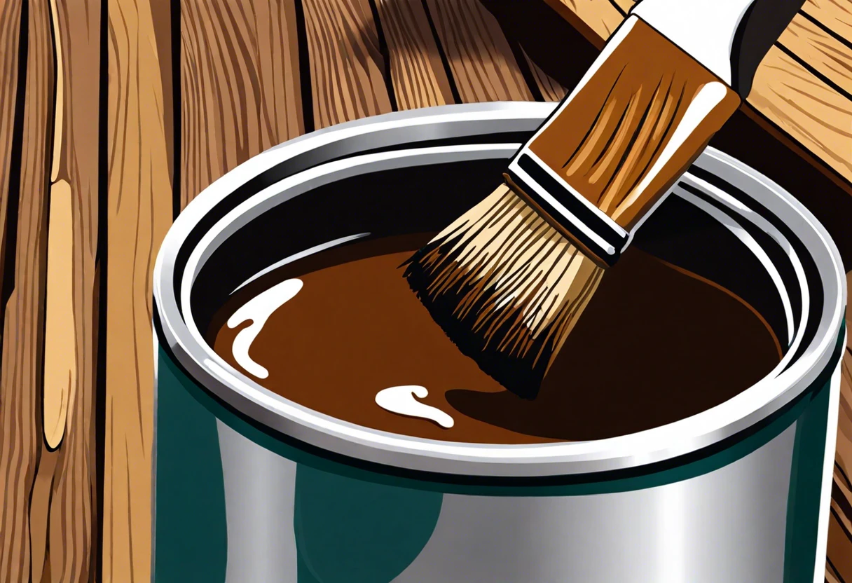 Brush applying deck stain over painted wood surface to demonstrate if you can stain a deck over paint.