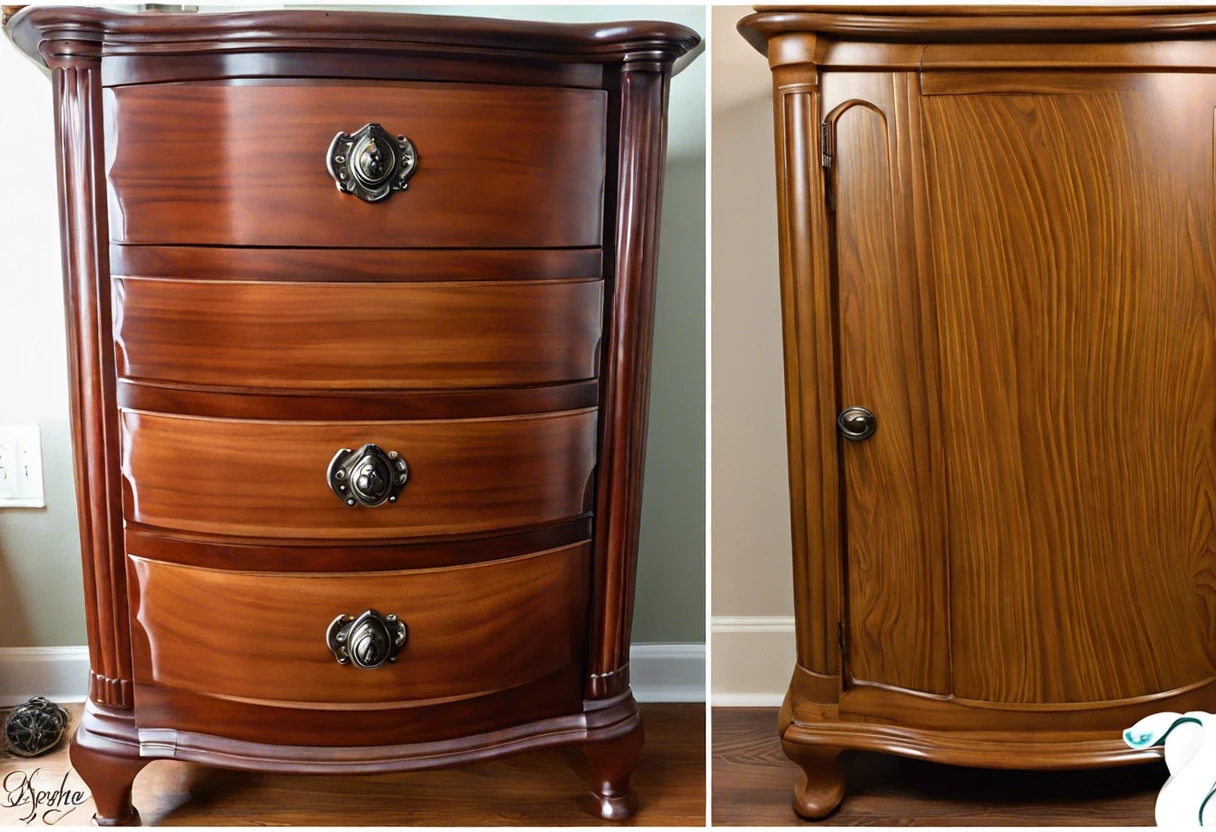 Before and after images of wooden furniture demonstrating how to stain over painted wood.