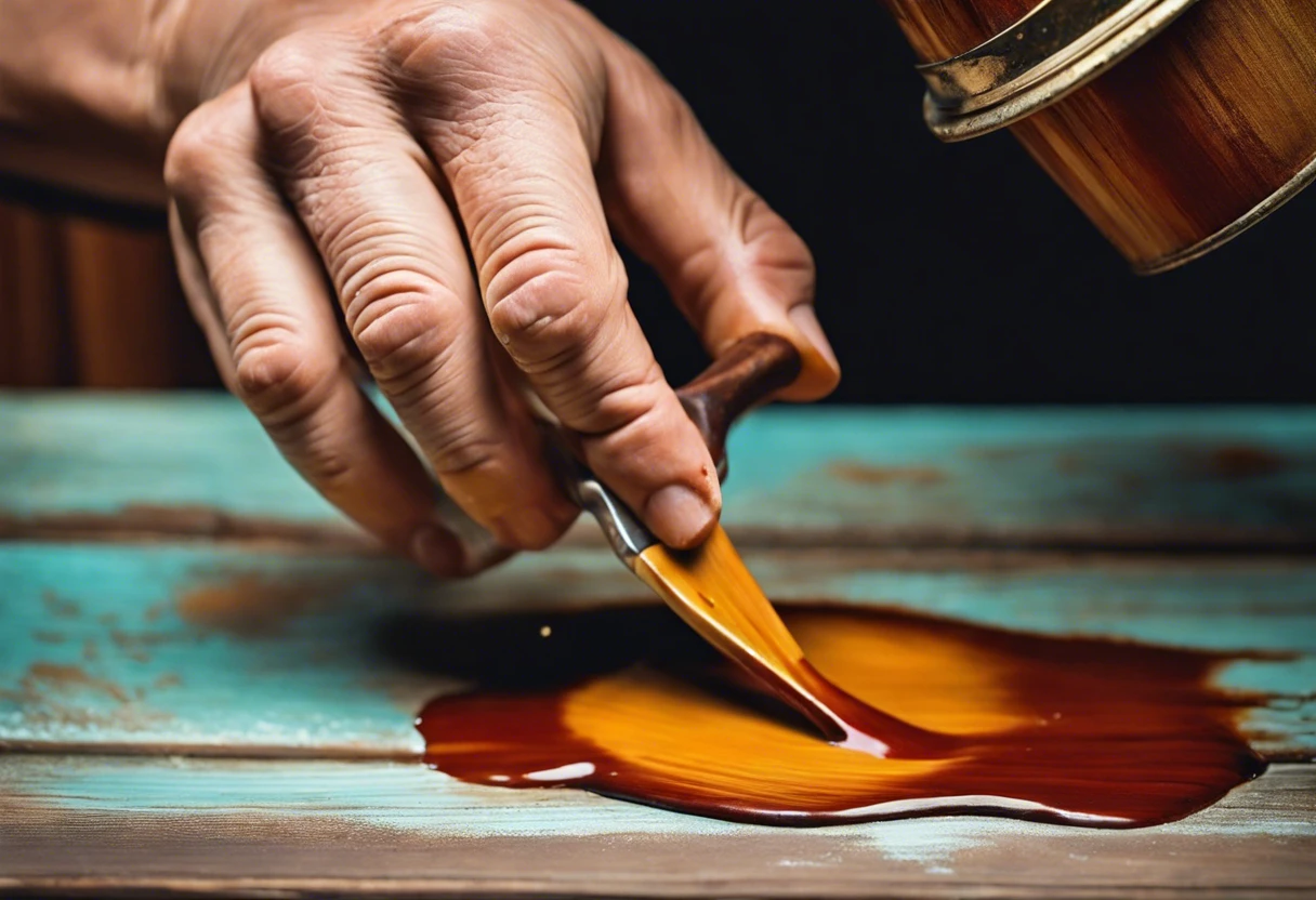 A hand applying wood stain on painted wood, illustrating techniques for staining over paint.