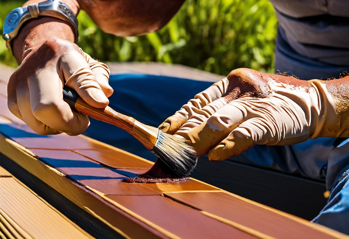 Person staining a wooden deck while wearing gloves, demonstrating how to stain over paint.