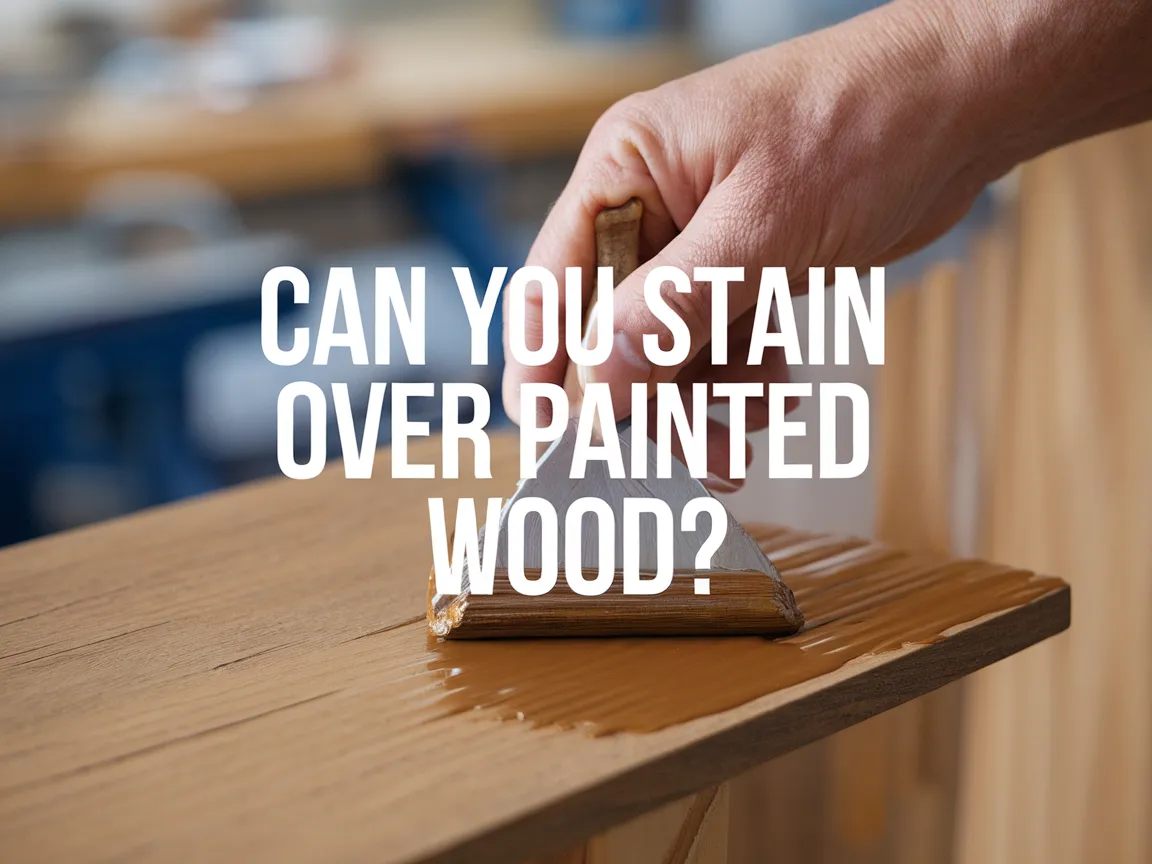 Applying stain over painted wood surface demonstrating the process of refinishing.