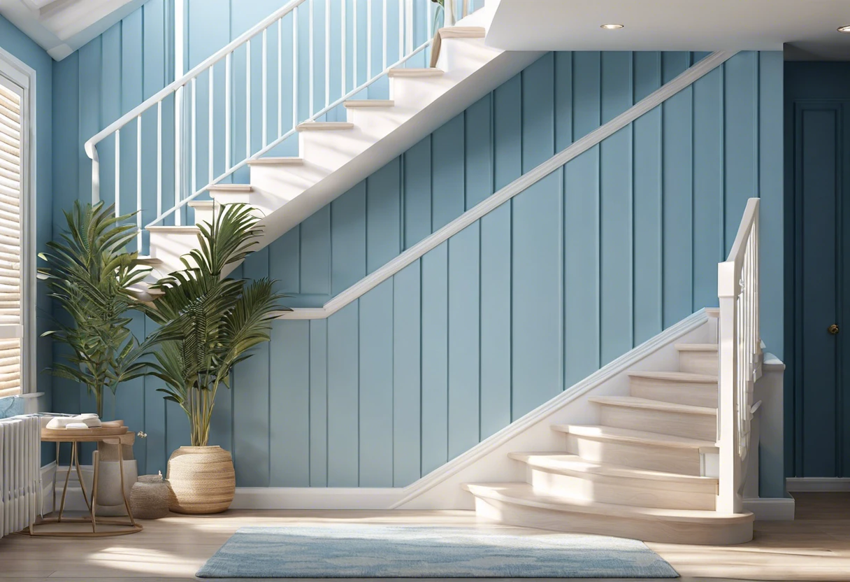 Beautiful blue painted staircase with modern decor and plants