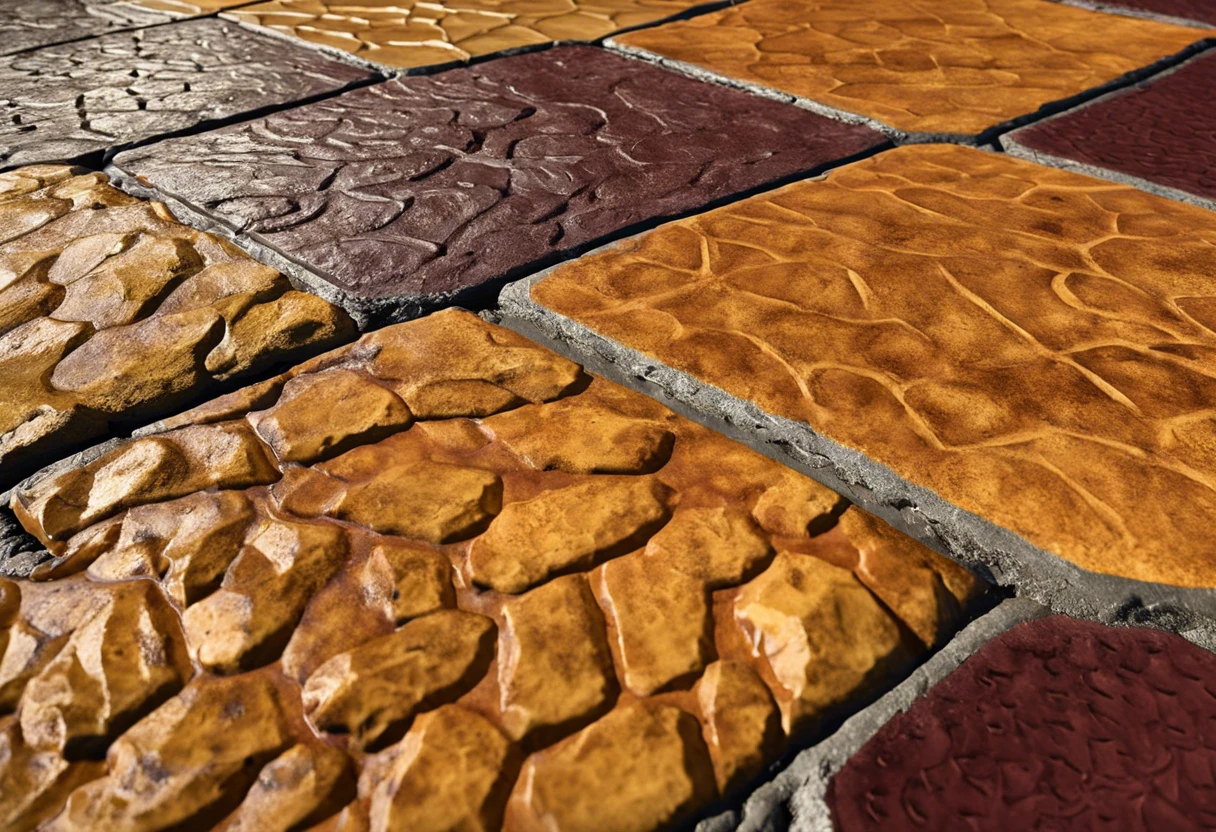 Close-up view of a painted stamped concrete patio in rich colors.