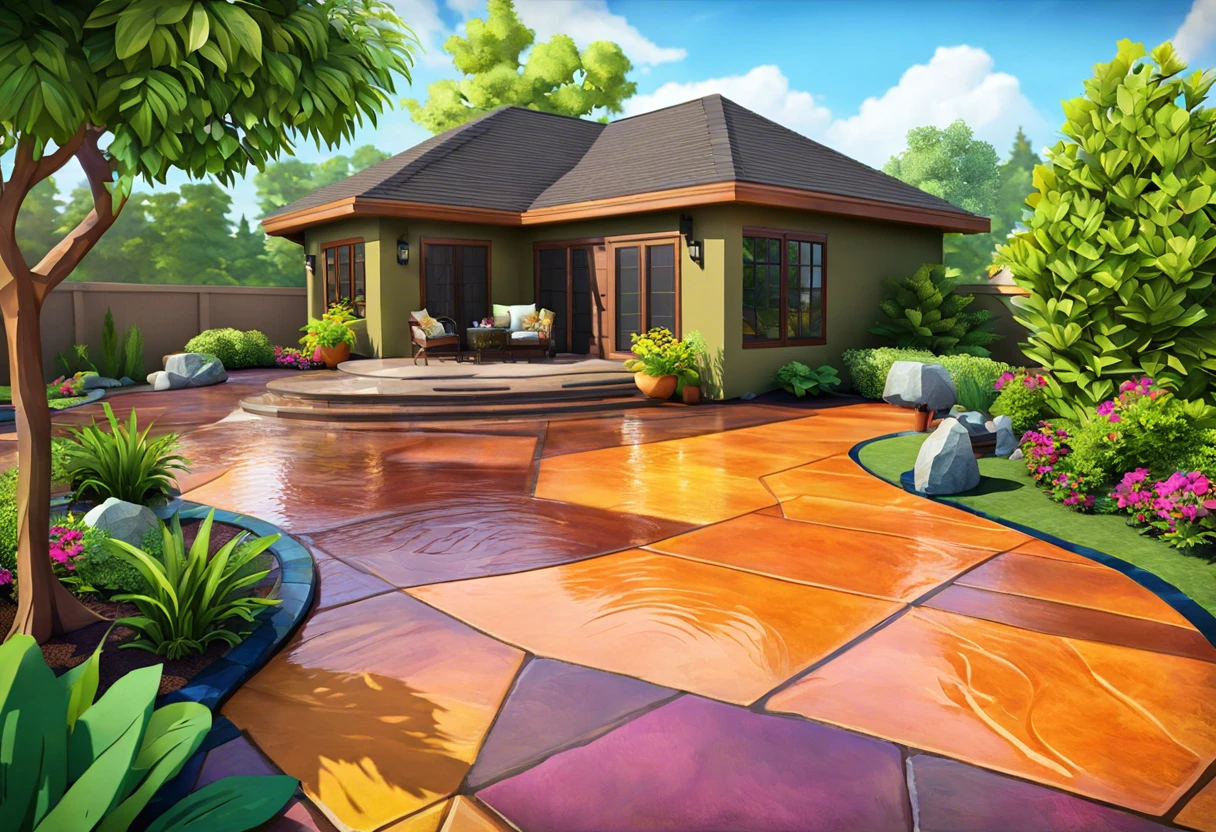 Beautifully stained stamped concrete patio with vibrant colors and landscaping, relevant for those looking to stain previously painted surfaces.