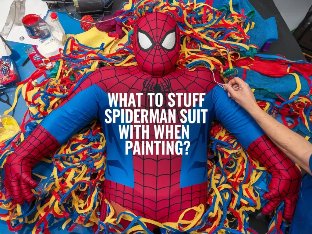Colorful materials used to stuff a Spiderman suit for puff painting