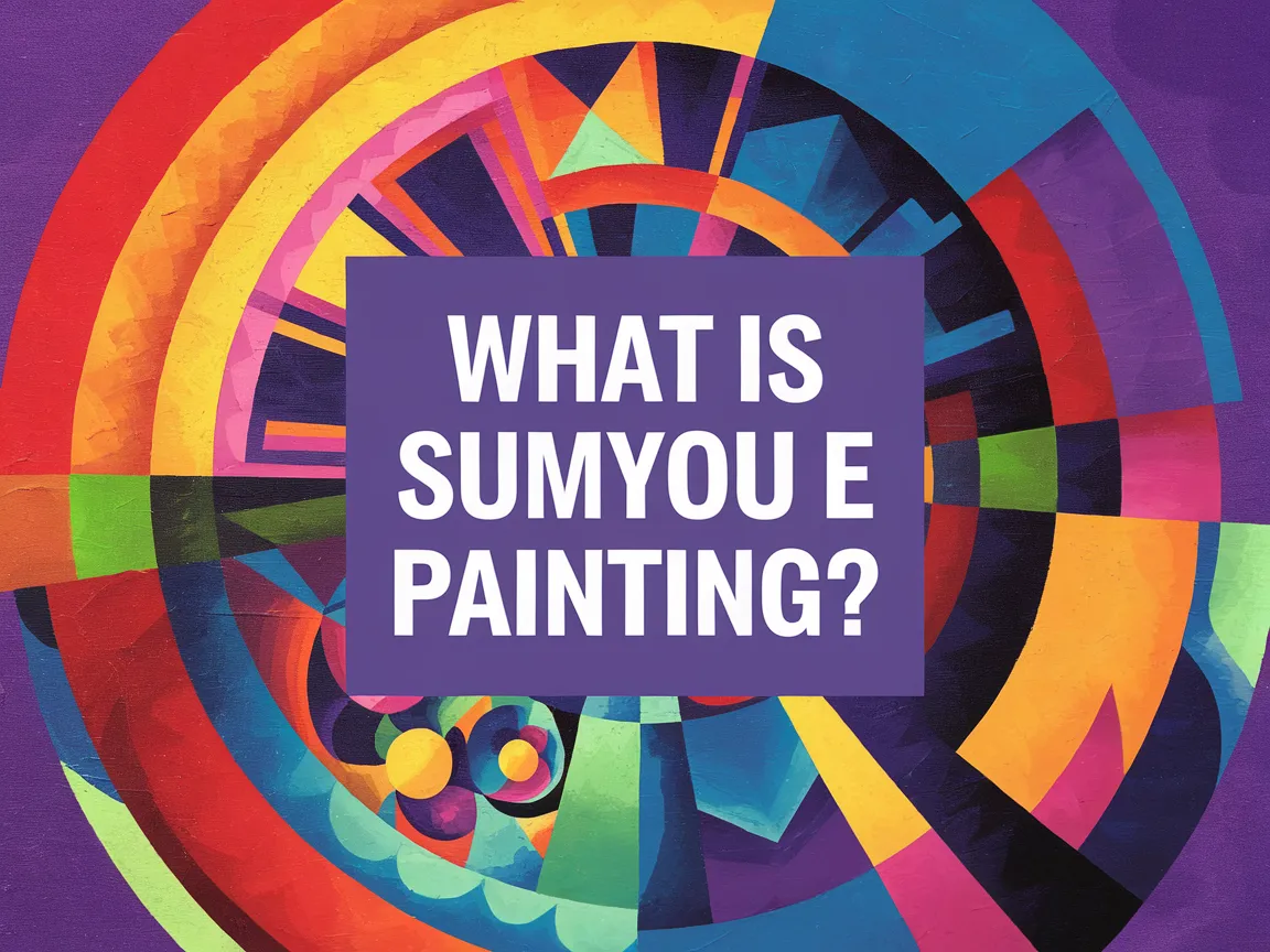 Colorful abstract representation of Sumyou E painting style with the question 'What is Sumyou E painting?' in the center