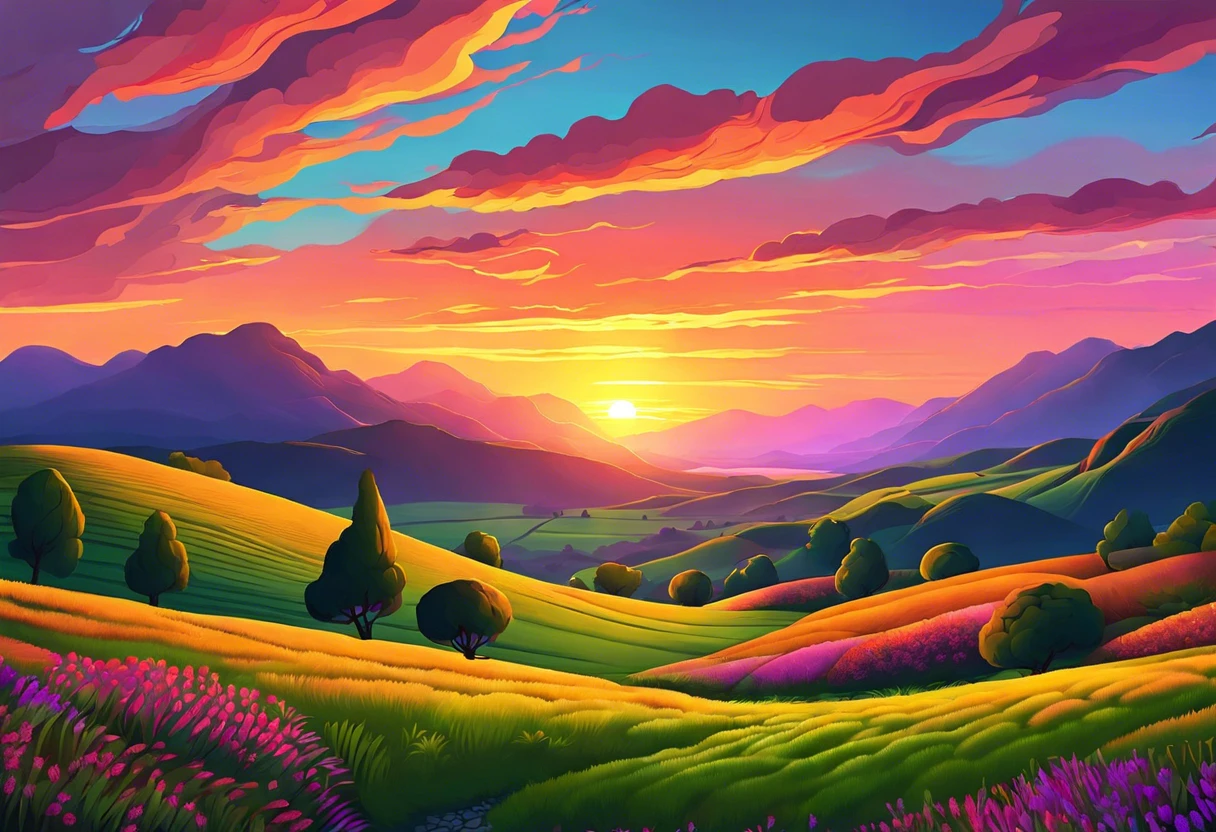 A vibrant sunset landscape showcasing rolling hills and colorful skies, representing the essence of Sumyou e-painting.