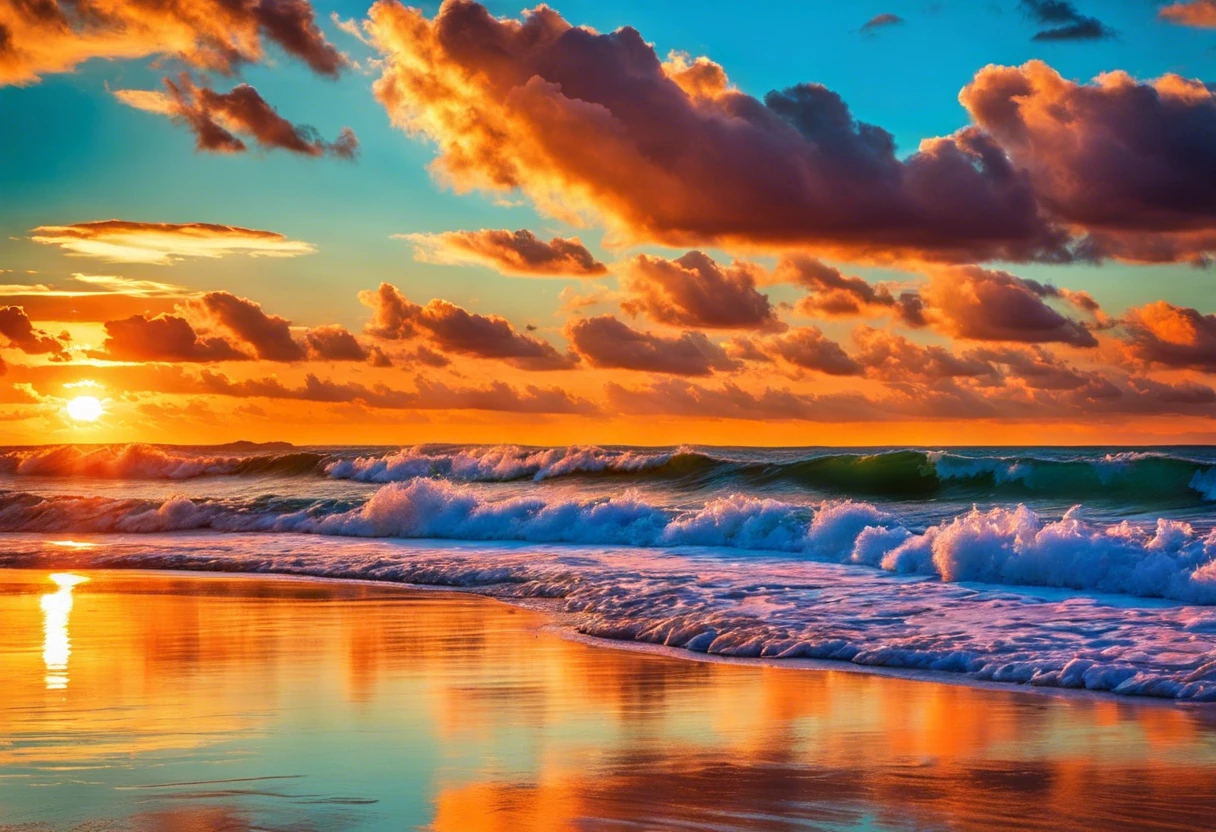 Vibrant sunset over a beach with waves and colorful clouds, ideal for painting a sunset beach.