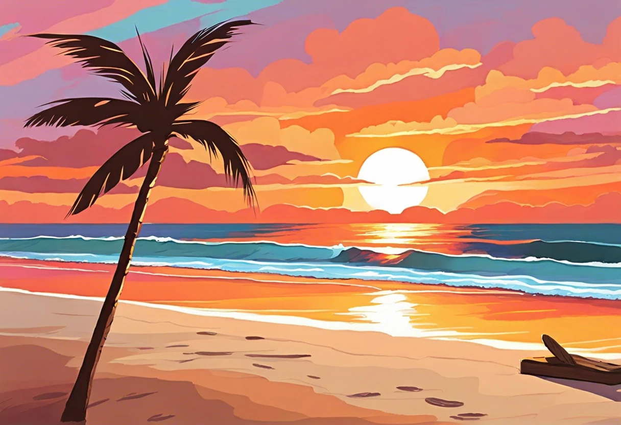 Beautiful sunset beach painting with vibrant colors and palm tree