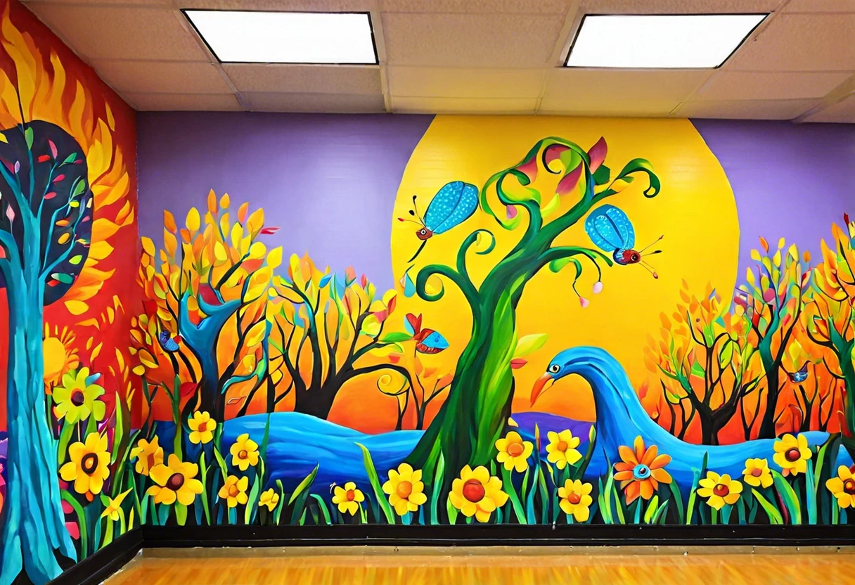 Colorful mural created by teachers to enhance student learning environments