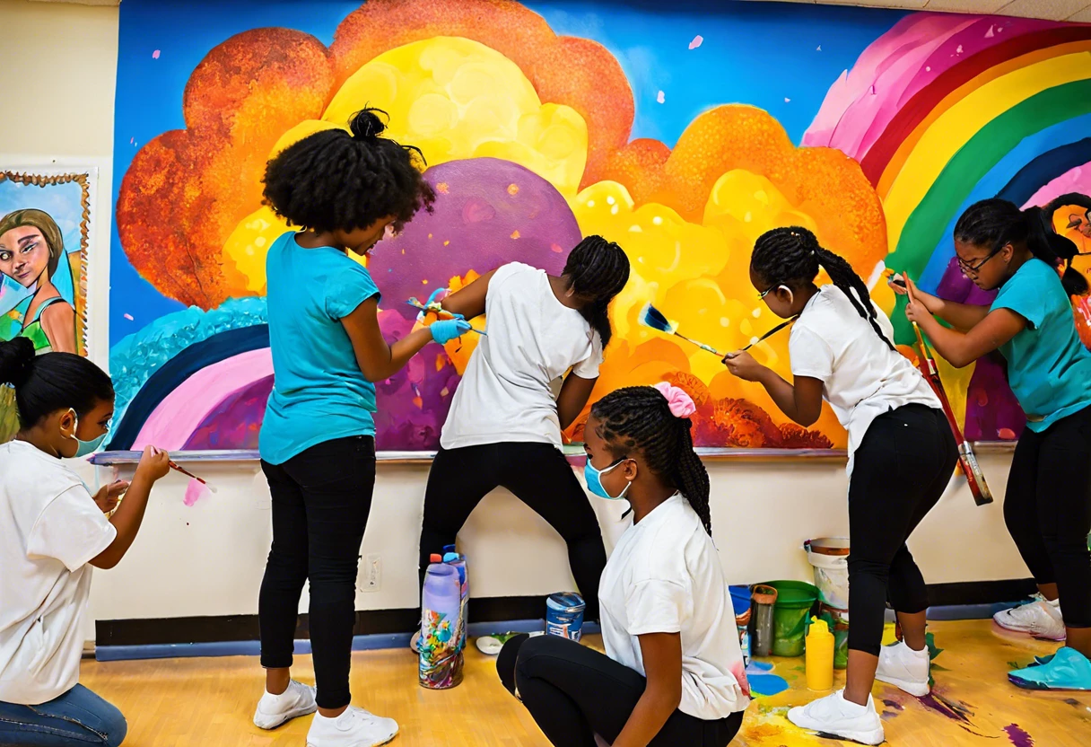 Students actively participating in a wall painting project led by their teachers, enhancing creativity and engagement.