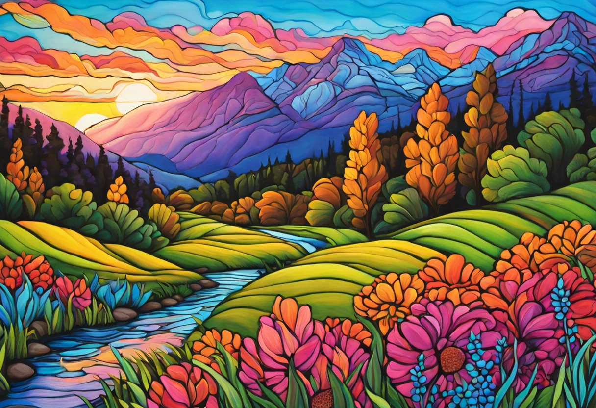 Vibrant landscape painting showcasing flowers, mountains, and sunset, ideal for demonstrating tempera paint on canvas.