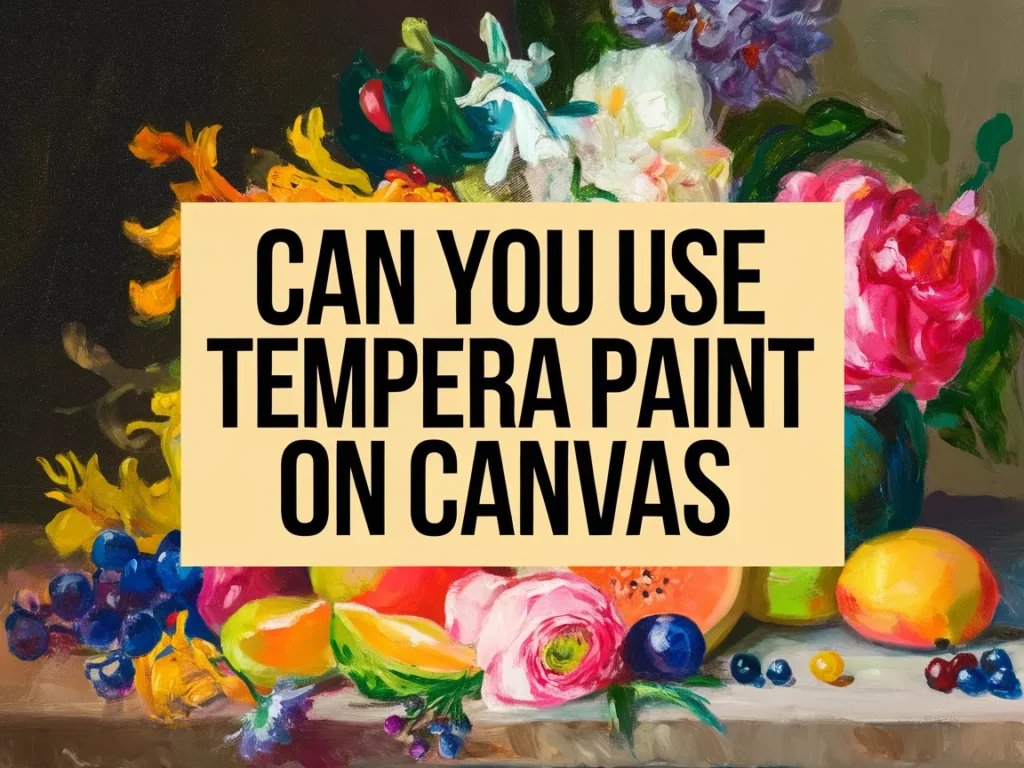 A colorful still life painting with flowers and fruits showcasing the use of tempera paint on canvas