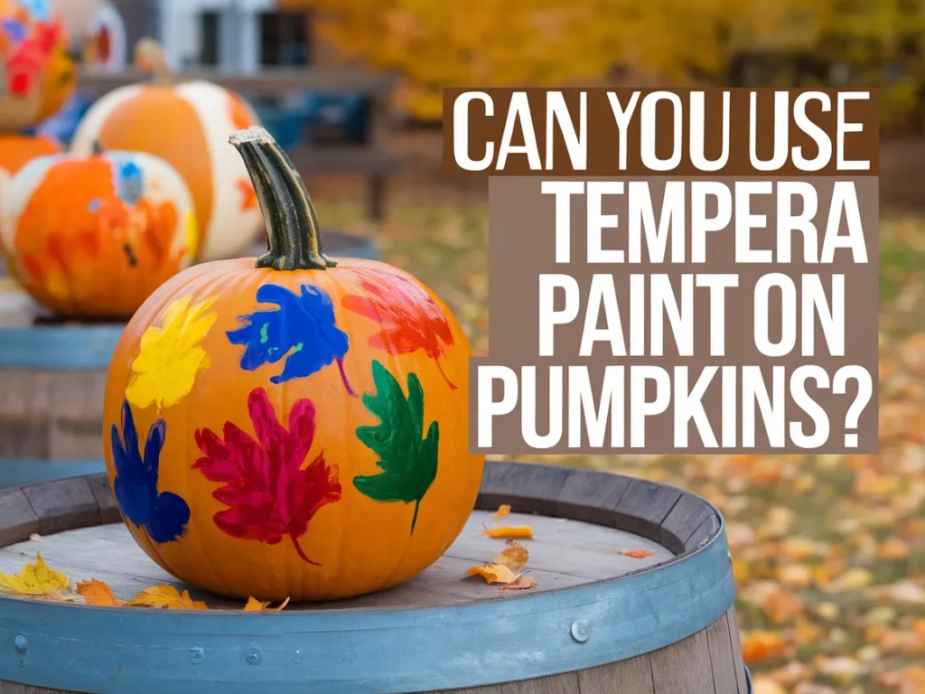 Colorful pumpkin decorated with tempera paint, showcasing leaves, highlighting the use of tempera paint on pumpkins.