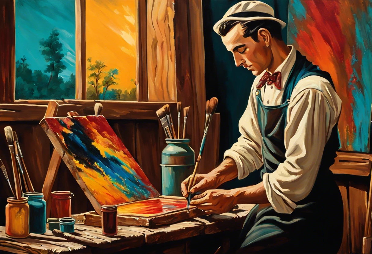 An artist using tempera paint on a wooden palette, illustrating the use of tempera paint on wood surfaces.