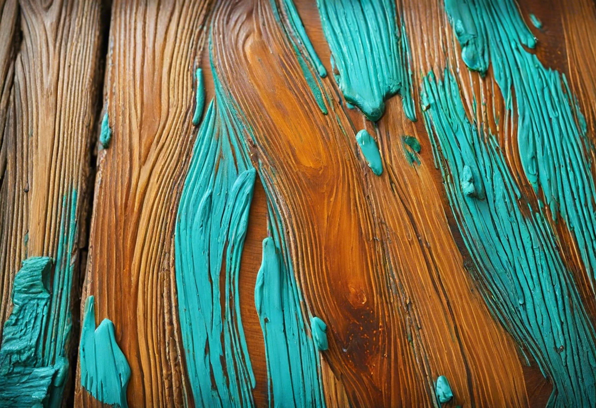 Close-up of wood surface painted with turquoise tempera paint, illustrating the compatibility of tempera paint on wood.