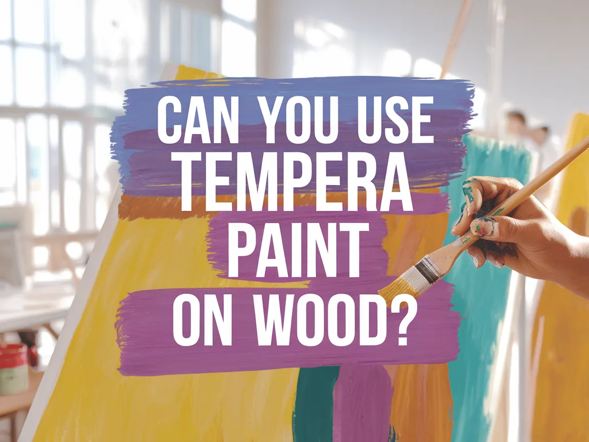 A person applying tempera paint on wood in a bright, artistic setting.