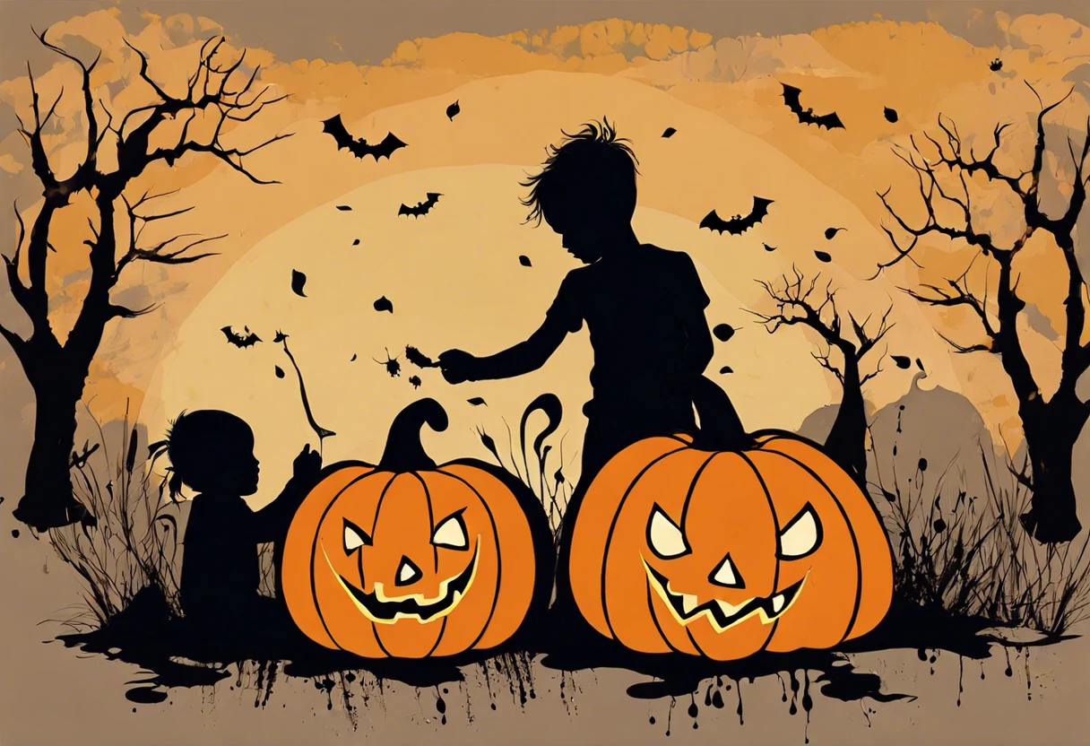 Children painting pumpkins with tempera paint in a Halloween setting