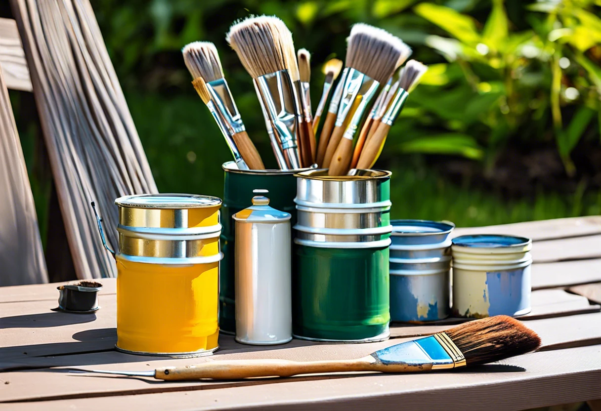 Various paint cans and brushes on a table, showcasing the tools needed for outdoor painting.