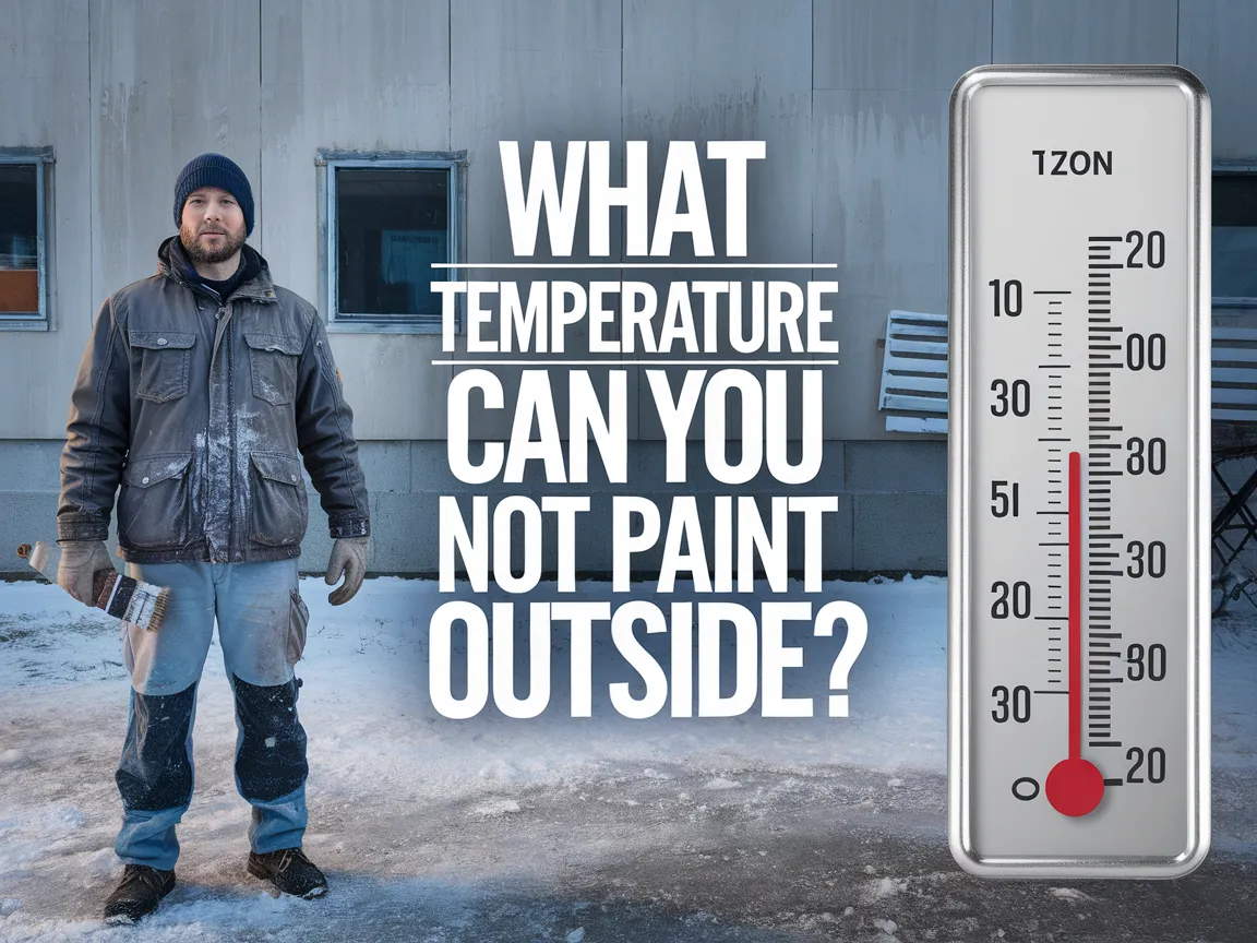 A cold weather scene showing a man with a paintbrush and a thermometer indicating low temperatures, emphasizing conditions unsuitable for painting outside.