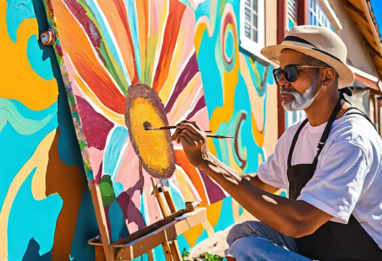 Artist painting a colorful mural in favorable temperatures for painting.