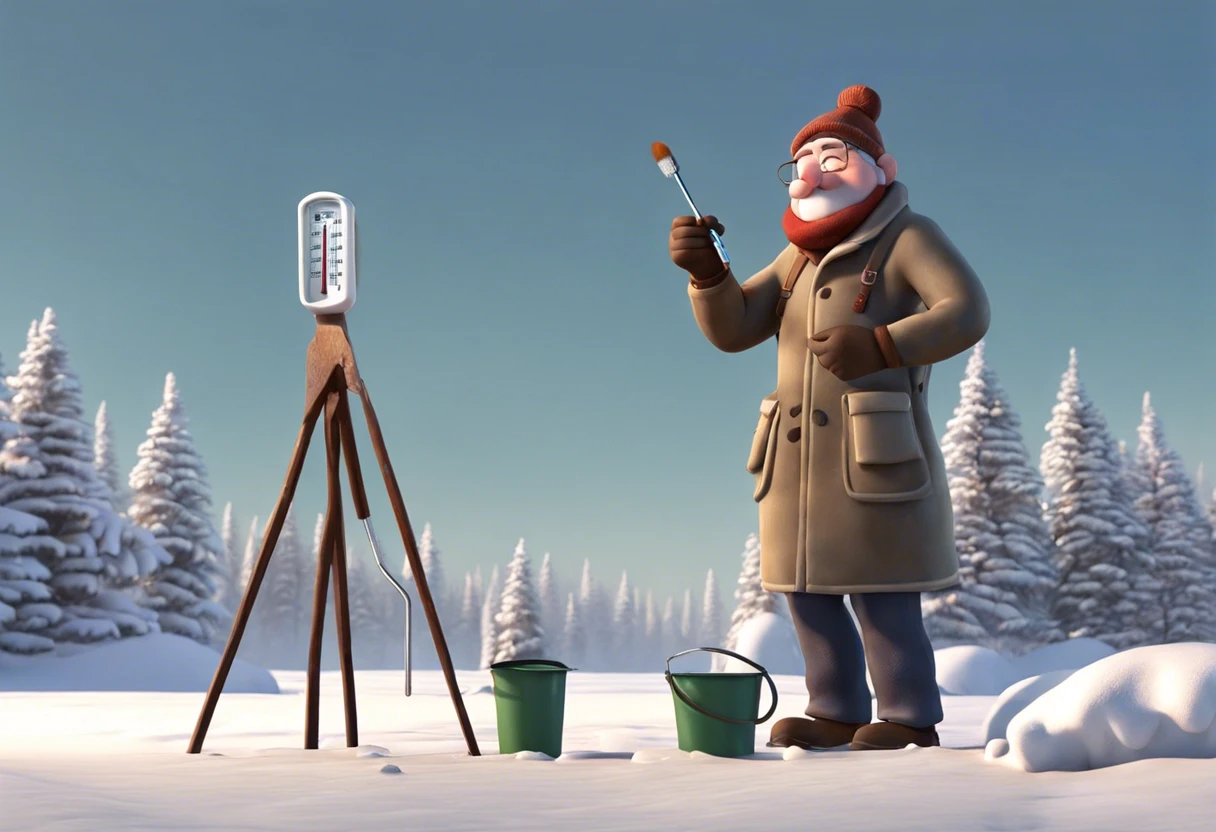 A cartoon character checking a thermometer while preparing to paint outside in snowy conditions, illustrating low temperature effects on painting.