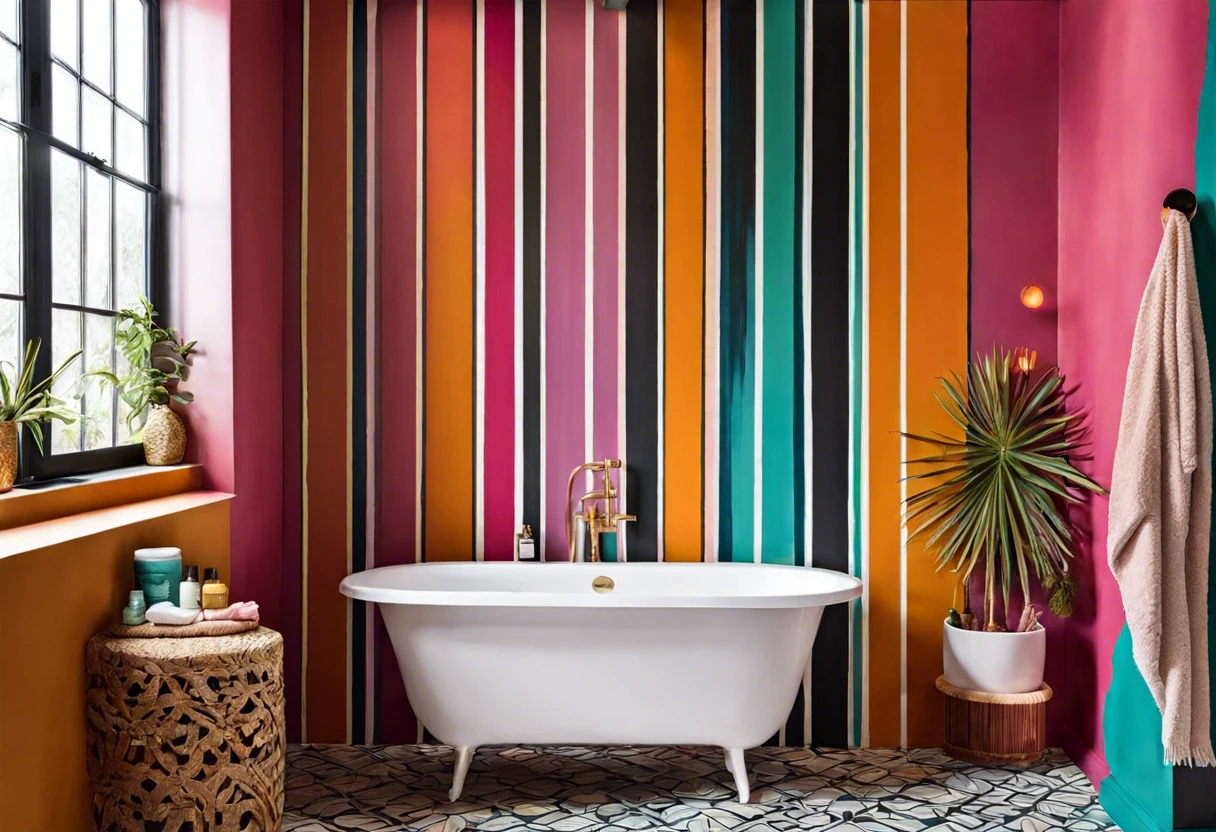 Colorful bathroom walls painted with temppura paint, showcasing vibrant stripes.