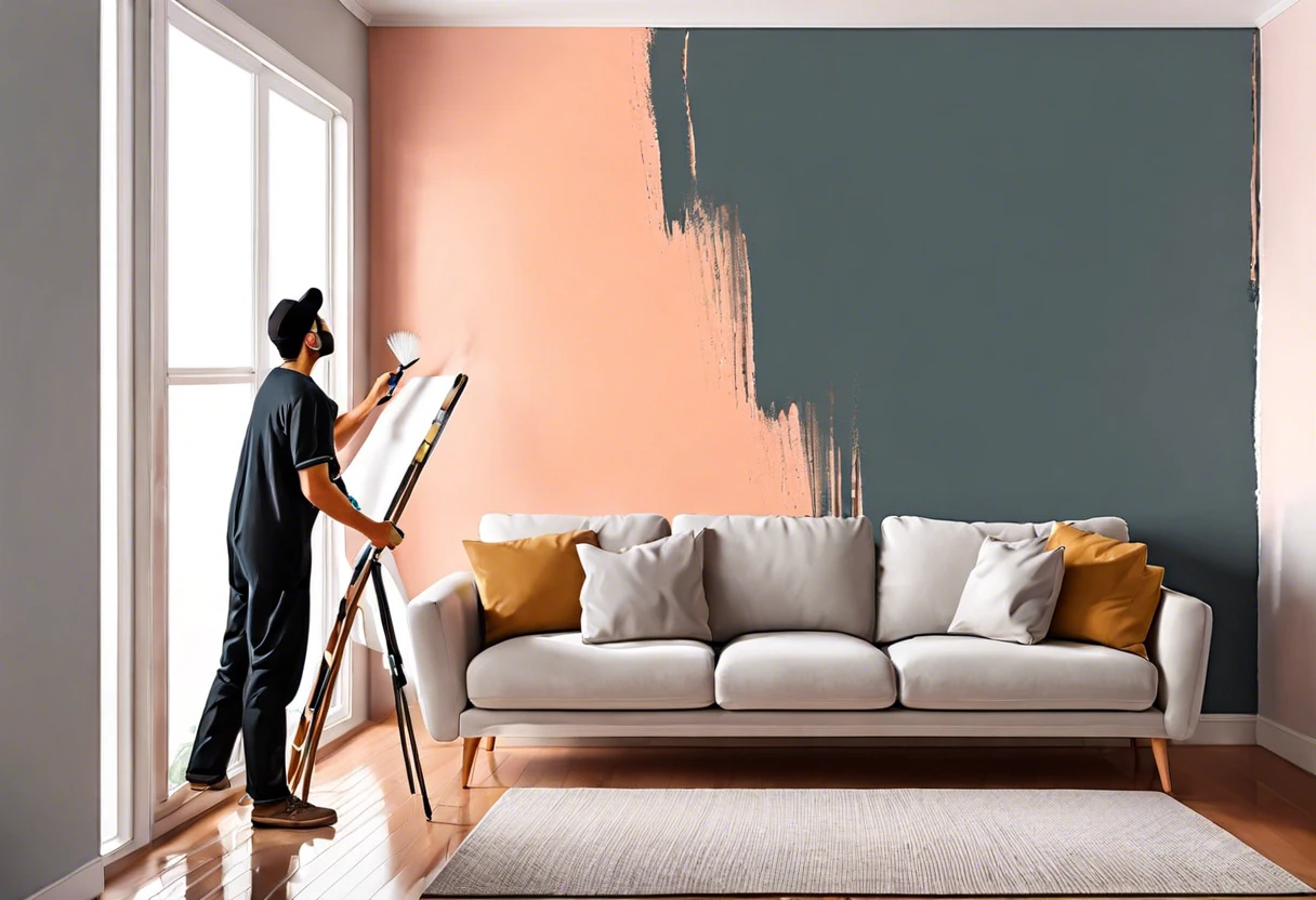 A tenant painting interior walls in a modern living room, exploring if tenants can paint.