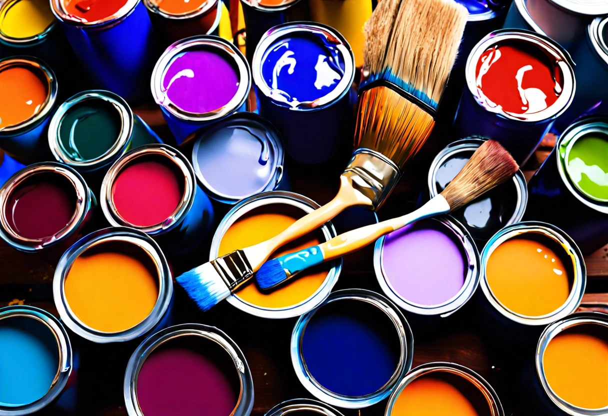 Assorted paint cans and brushes for tenants considering painting interior walls.