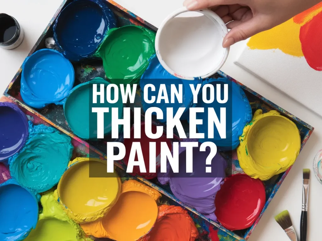 Image showing various paint colors and a hand holding a mixing bowl, illustrating methods to thicken paint