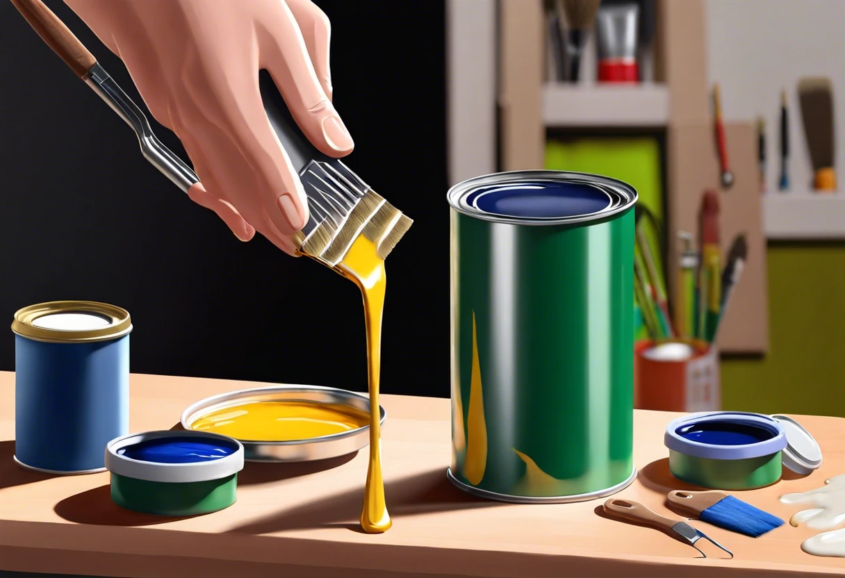 A hand pouring thin enamel paint from a can, illustrating the process of thinning enamel paint.