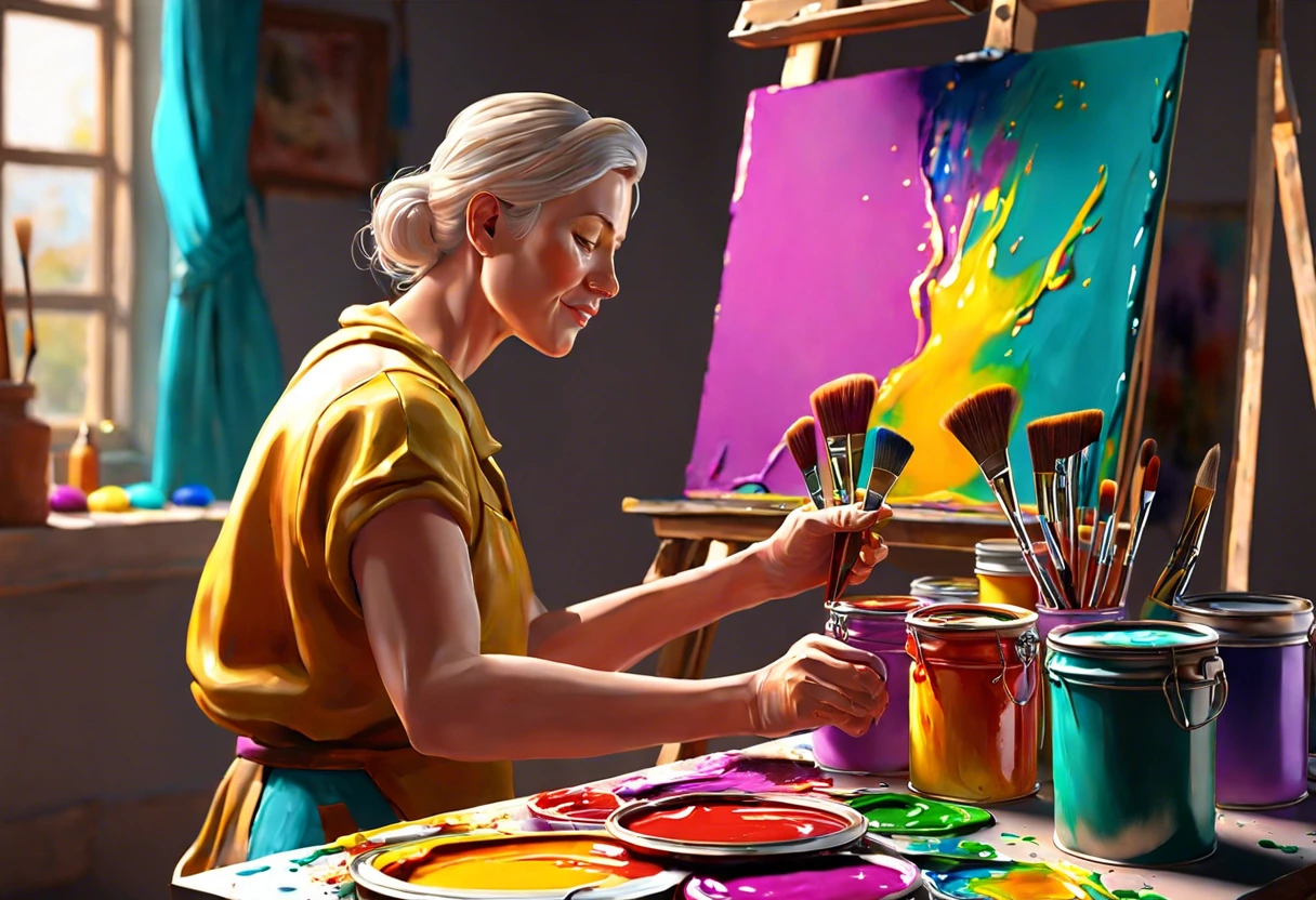 Artist using bright enamel paint and brushes, illustrating the process of thinning enamel paint.