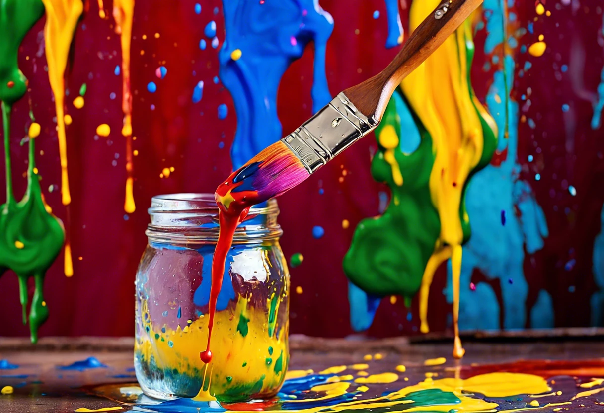 A paintbrush dripping vibrant paint into a jar, illustrating the concept of thinning paint with water.