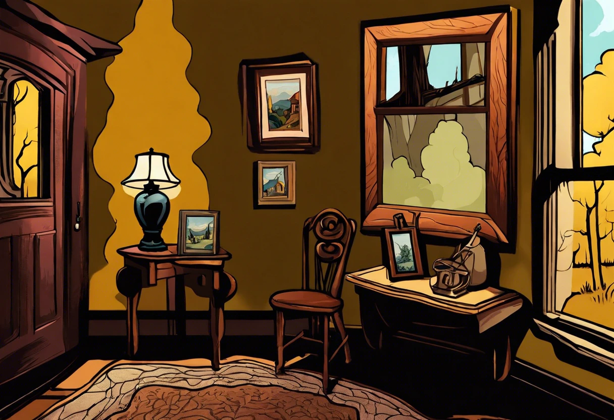 Interior room featuring Thomas Hart Benton paintings on the wall with a chair and lamp.