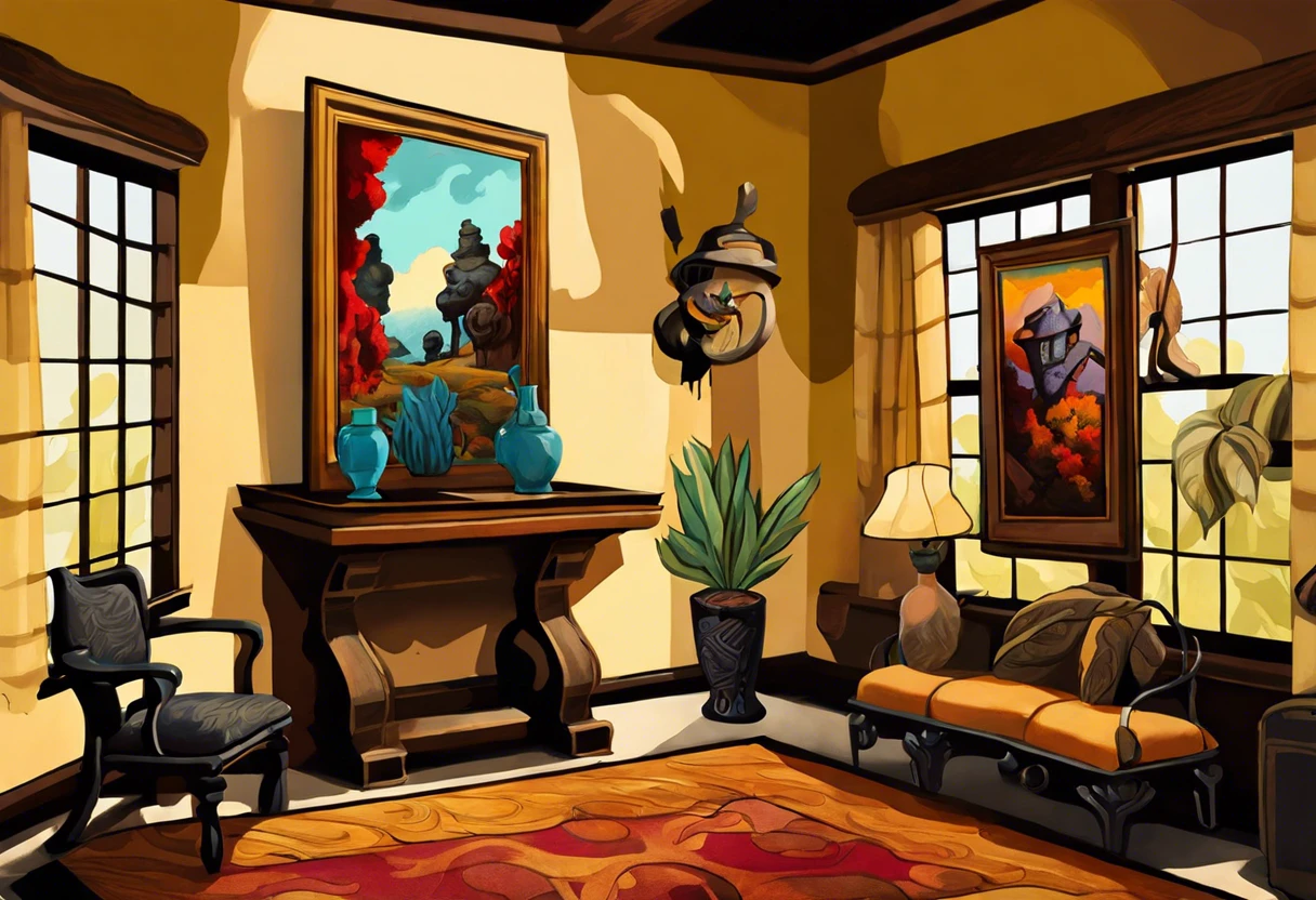 Interior view featuring Thomas Hart Benton paintings, showcasing vibrant landscapes and American themes.