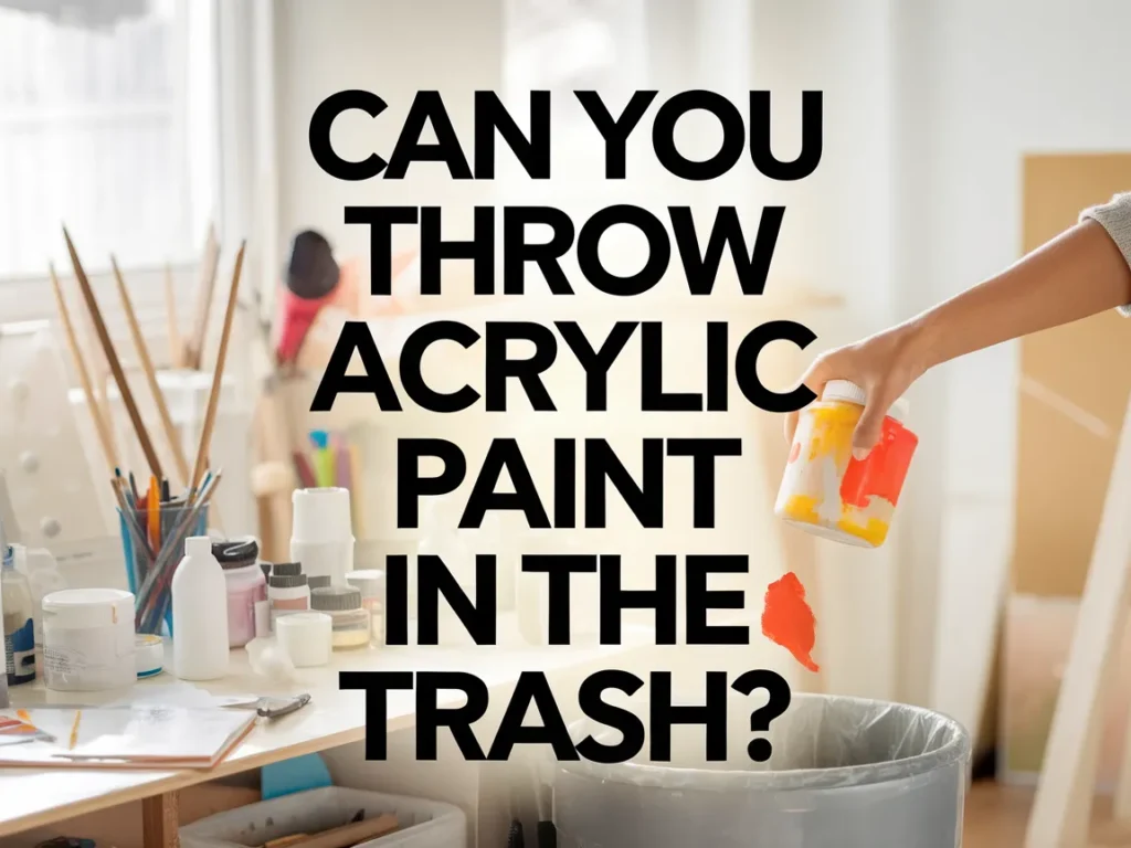 A person discarding acrylic paint into a trash can in an art studio environment.
