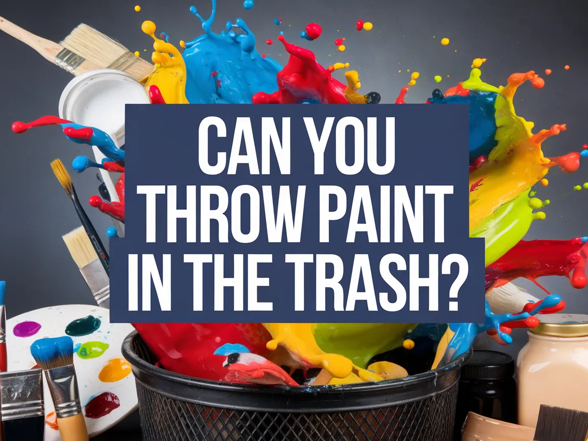 Colorful paint splashes over trash bin asking if you can throw paint in the trash
