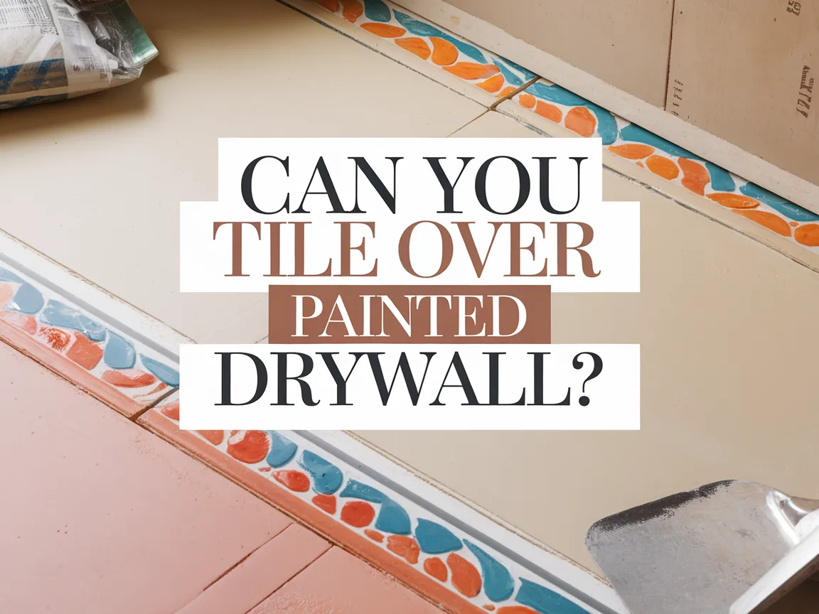 Tiling process over painted drywall with decorative borders.