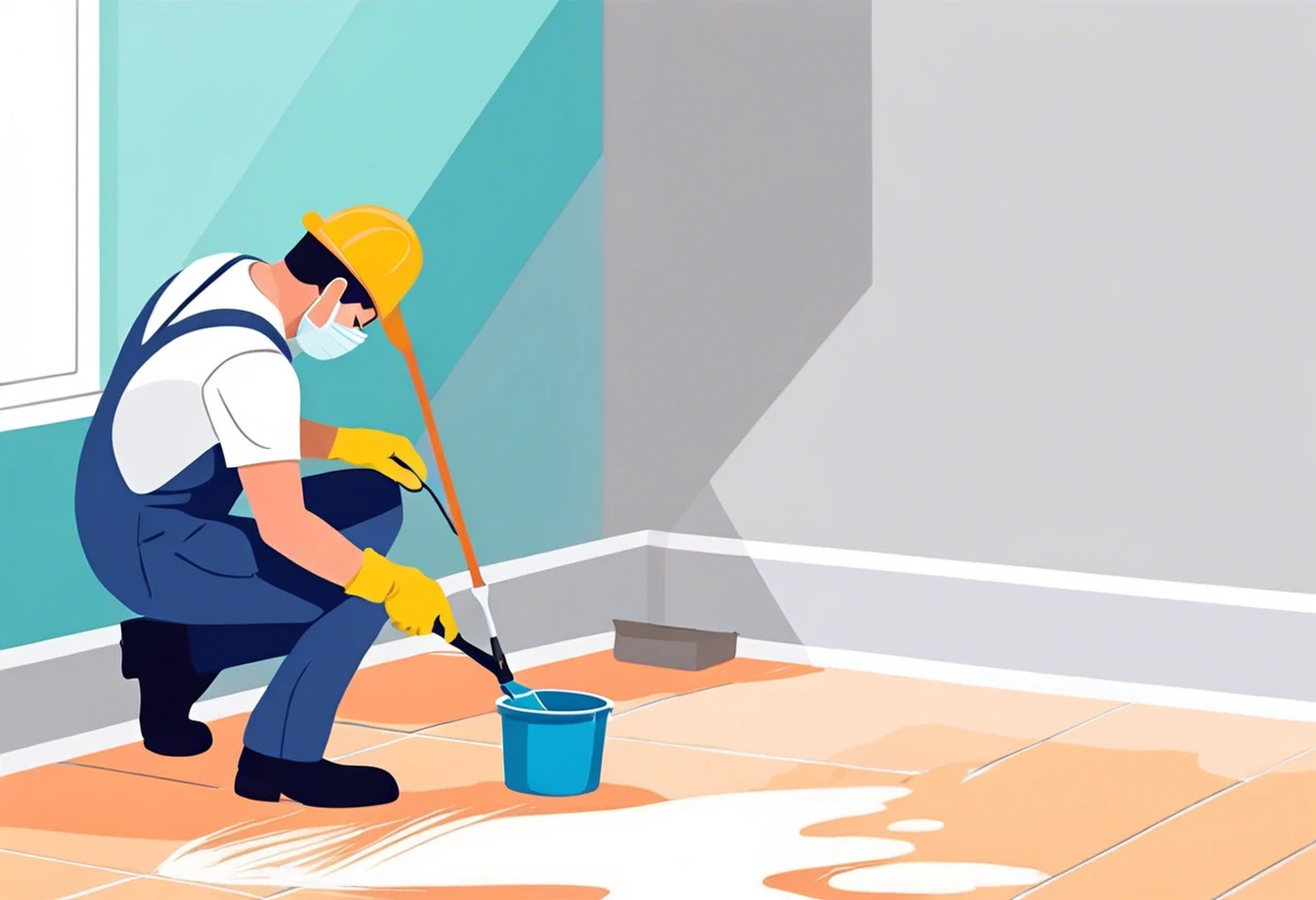 A person preparing a surface for tiling over painted drywall, demonstrating proper techniques.