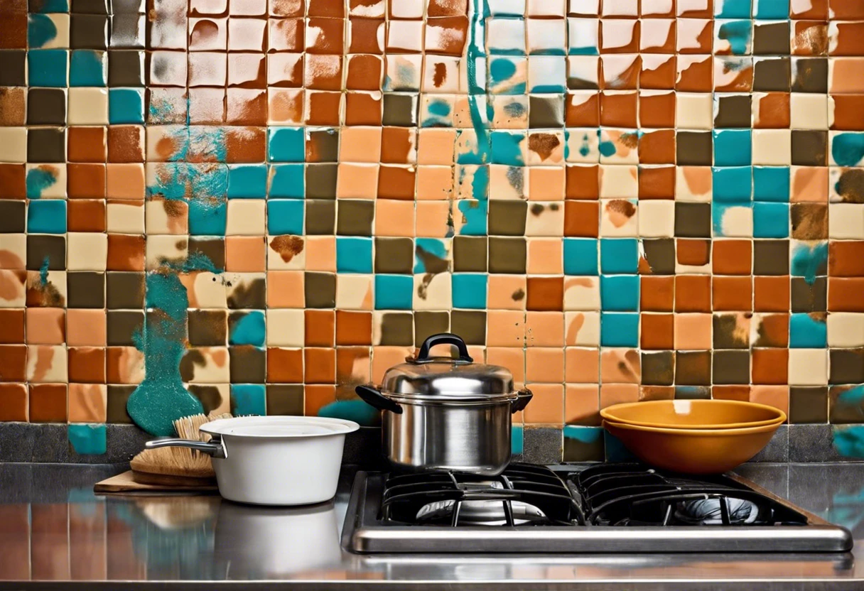 Kitchen backsplash with colorful tiles and pots on a stove, illustrating the concept of tiling over a painted wall.