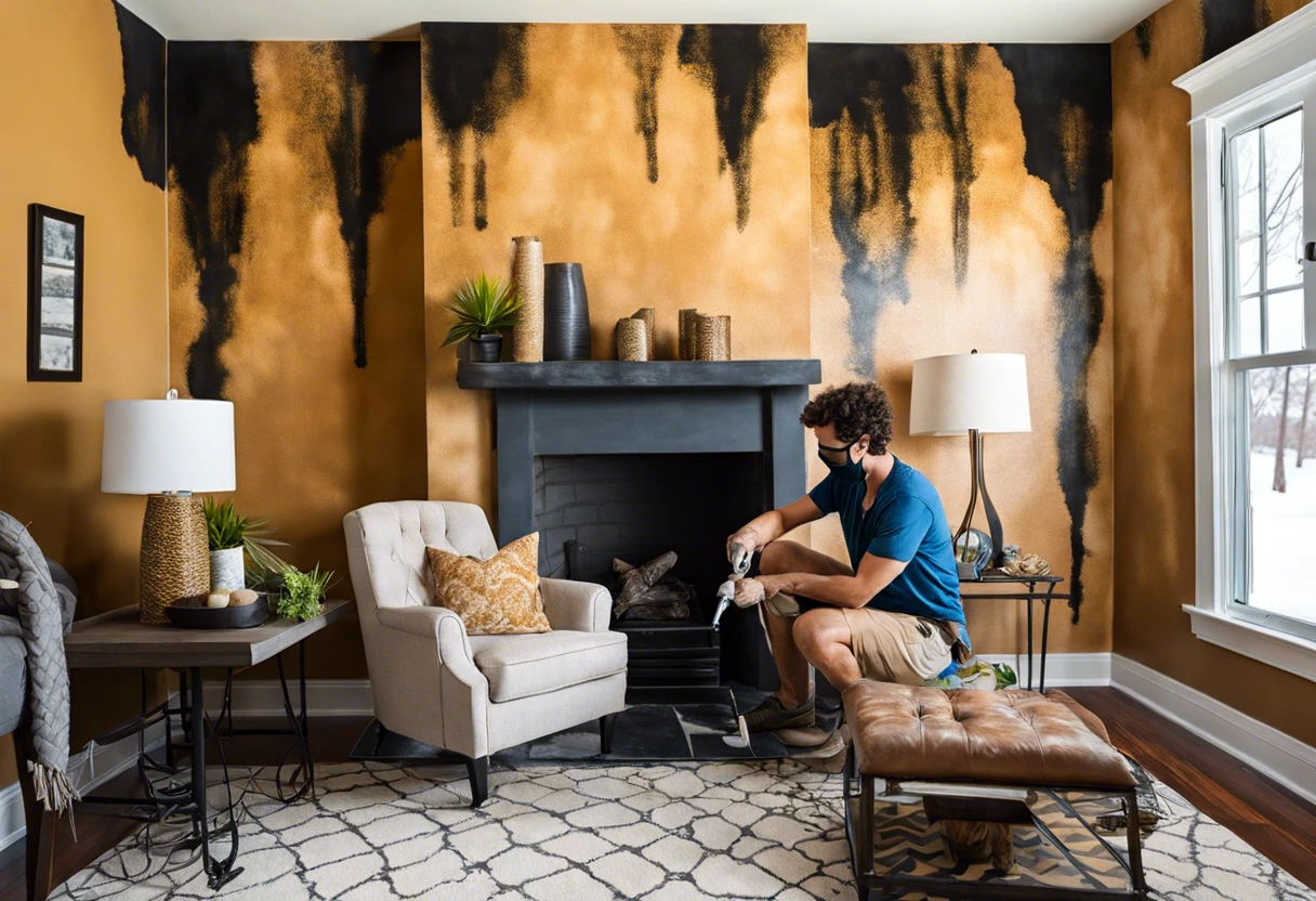 A person preparing to tile over a painted wall in a stylish living room.