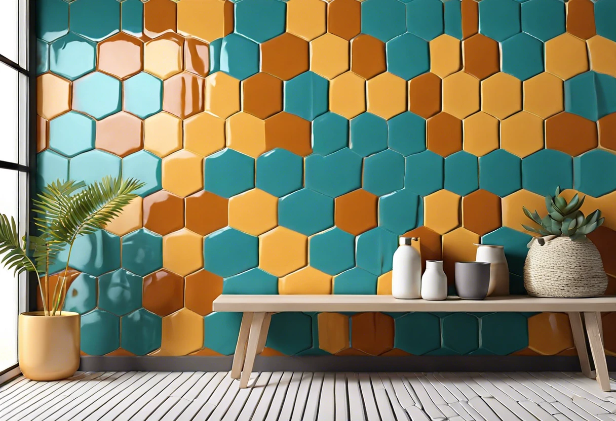 Colorful hexagon tiles installed over painted walls illustrating the tiling process