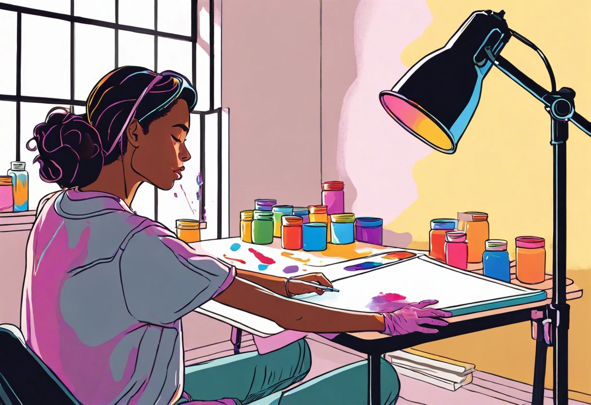 Artist mixing colors to tint primer with paint in a well-lit studio.