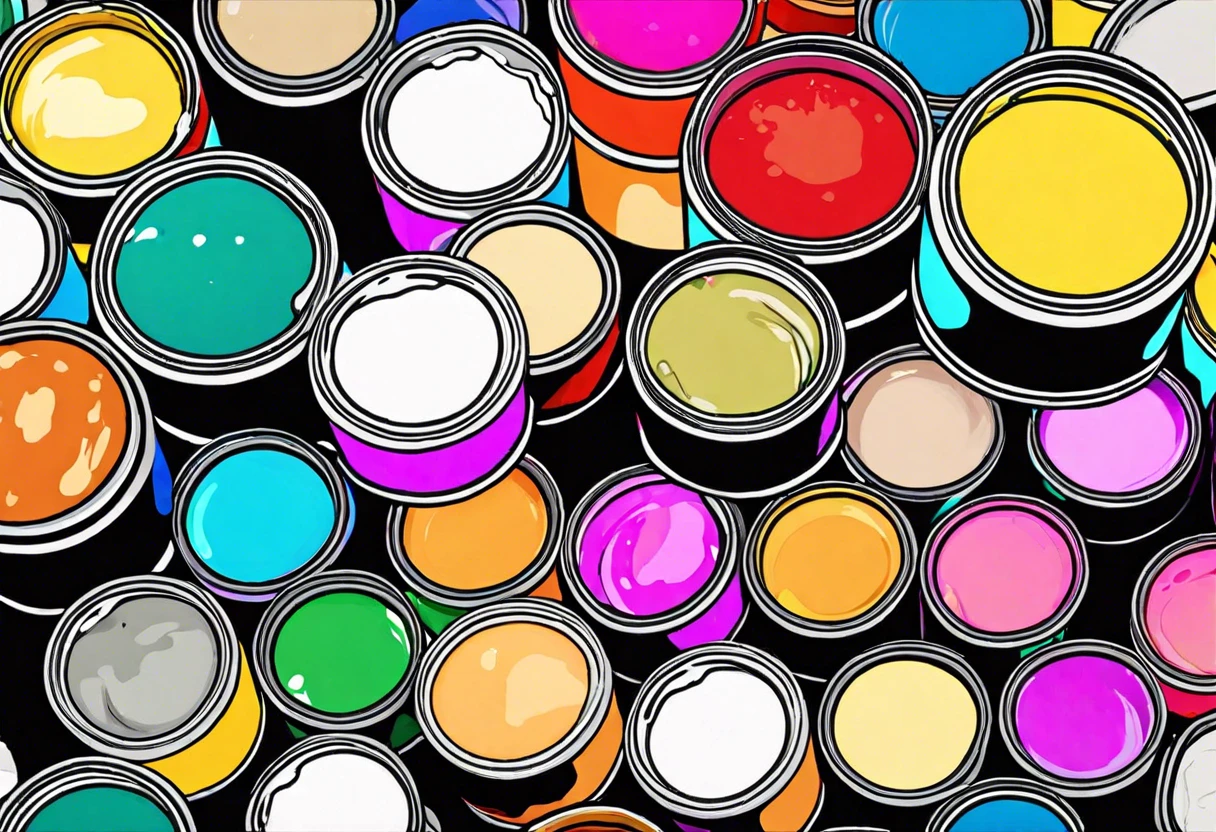 Colorful cans of paint illustrating the concept of tinting primer with paint.