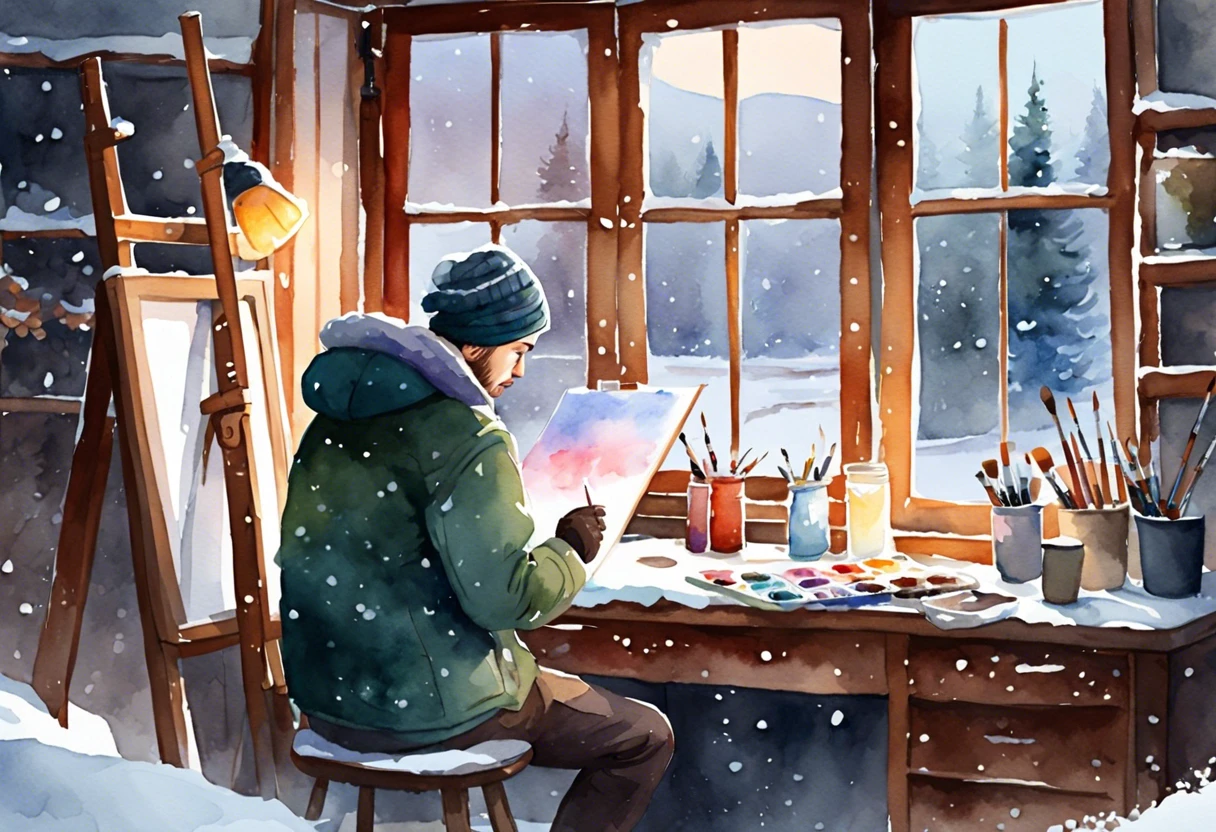 Artist painting indoors during winter with snow outside, illustrating the challenges of painting in cold weather.