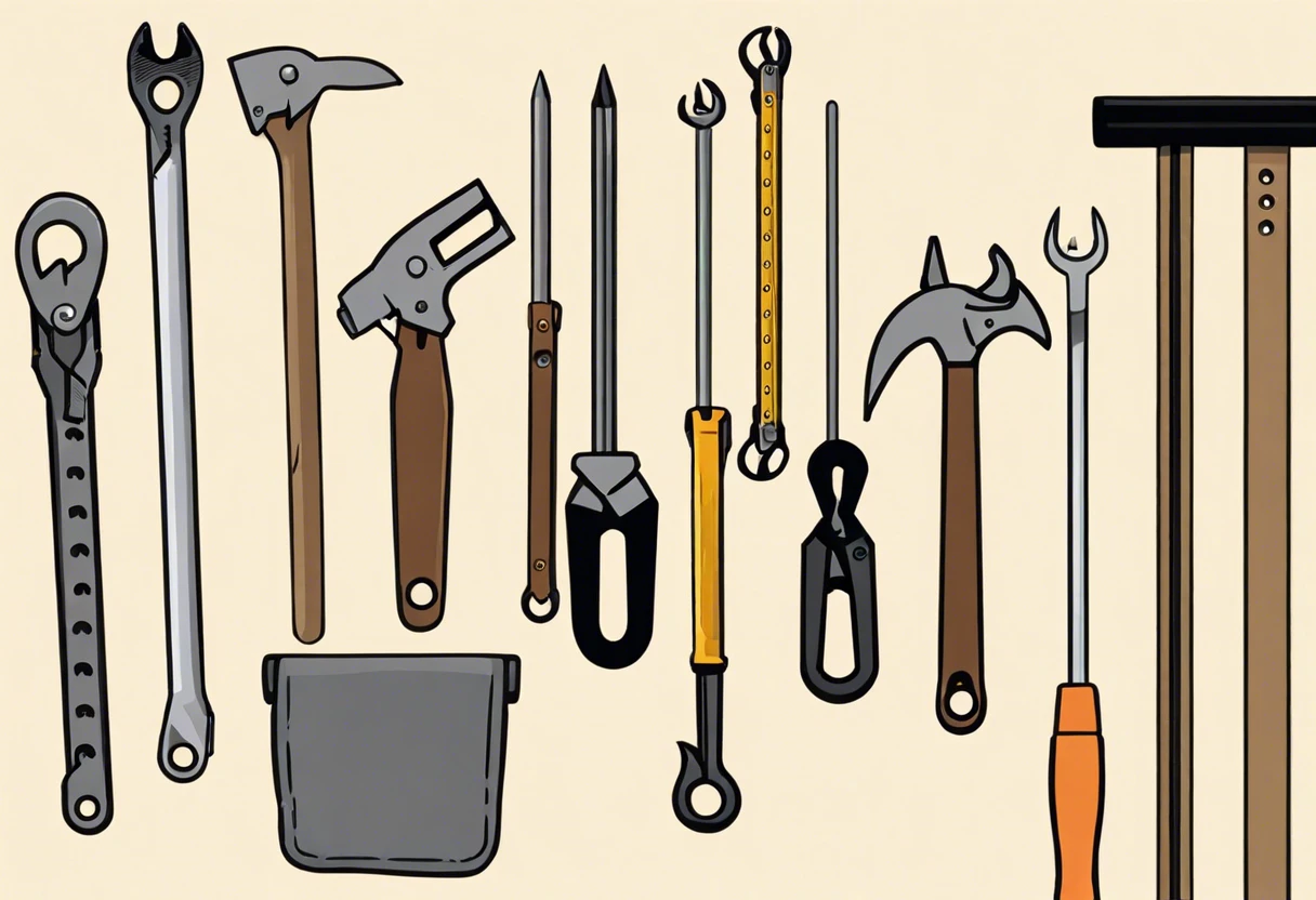 Collection of tools necessary for hanging a painting on drywall, including a hammer, screwdriver, and measuring tape.