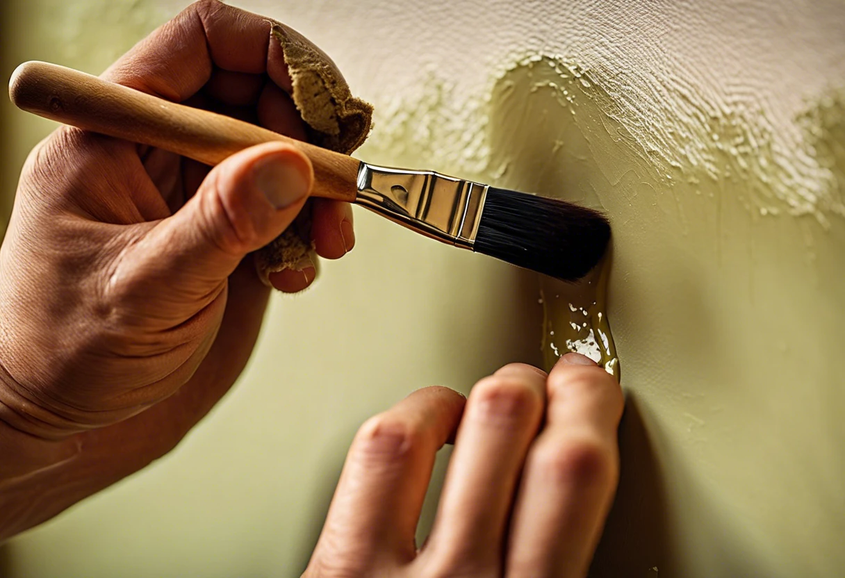 Close-up of a hand applying touch-up to eggshell paint on a wall