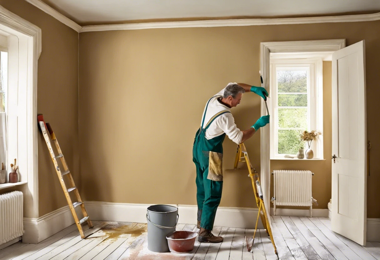 A person touching up eggshell paint on a wall with a ladder, showcasing a home improvement project.