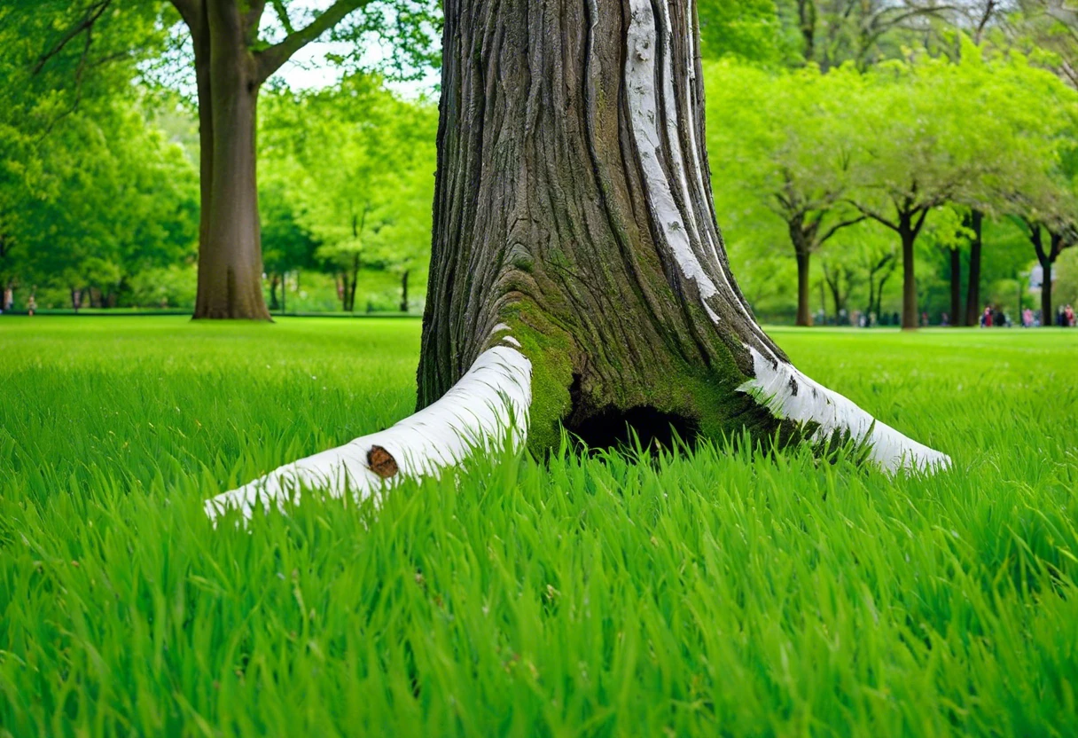 Base of a tree painted white to prevent sun scald and pests, highlighting tree care practices