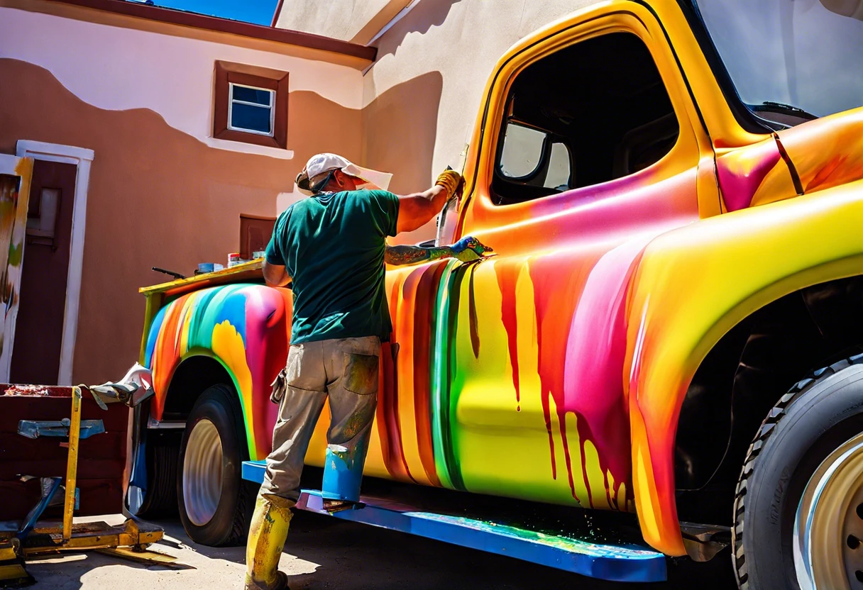 A professional applying a colorful paint job to a classic truck, illustrating the costs associated with truck painting.